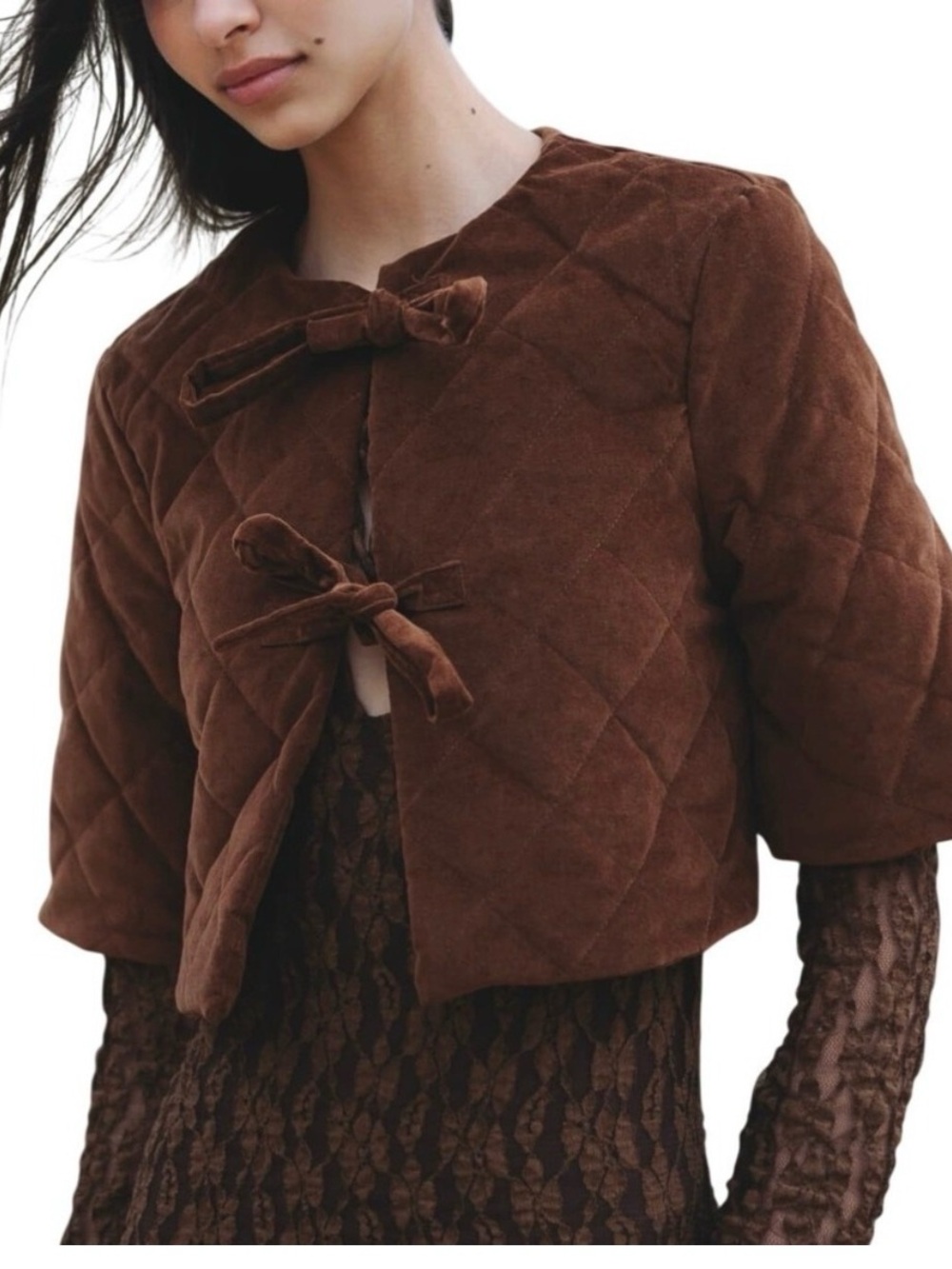 ZARA Brown Quilted Teddy Tie-Front Cropped Jacket